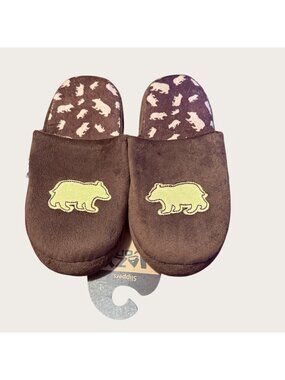 New Lazy One Bear Themed Brown Plush Slippers Size Large Non-Slip Sole